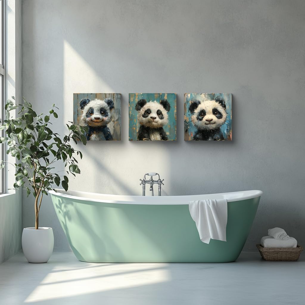NAN Wind Modern 3-Piece Cute Panda Canvas Wall Art Fake Wood Panel Art Baby Panda Pictures Framed Ready to Hang Canvas Artwork Animals Themed for Kids' Bedroom Nursury Poster Living Room Bedroom
