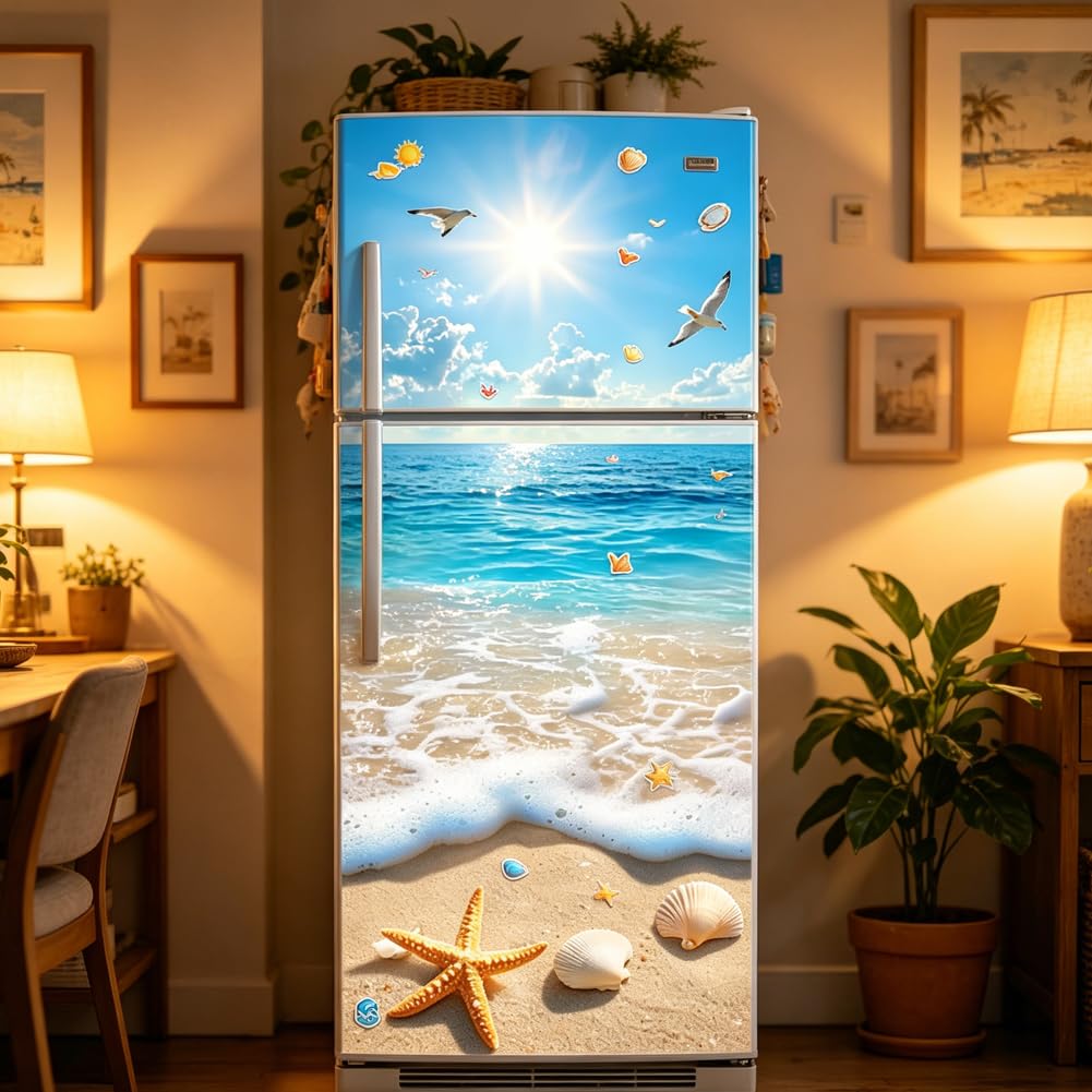 2 fogli Adesivi per Porta Frigorifero Tema Spiaggia Oceano Decorazione Murale Rimovibile Adesivo per Porta Frigorifero Modello Stella di Mare 3D per Casa Cucina Bar