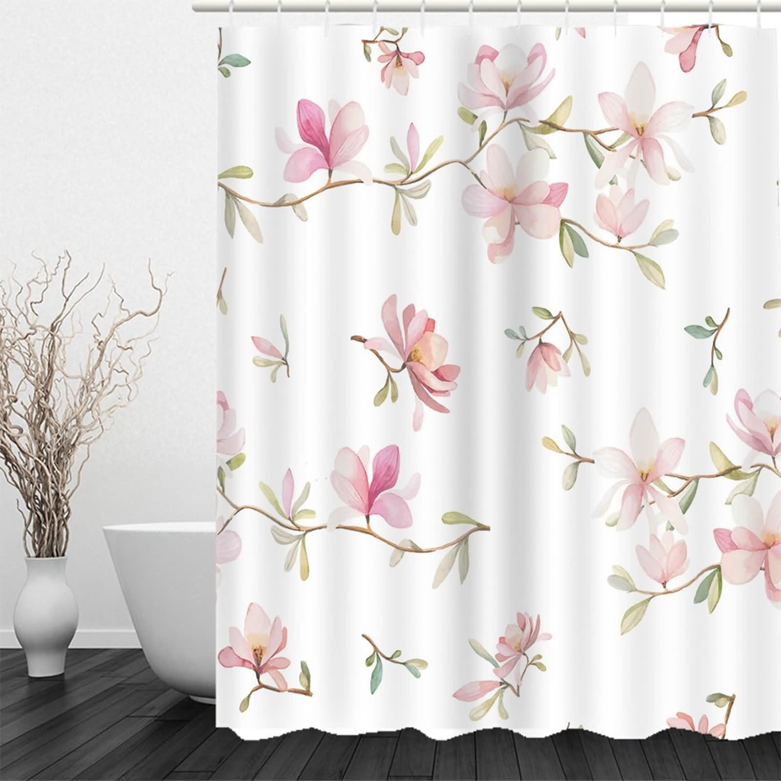 Cortina Baño Niña Cortina Ducha Algodon Flores Rosa Cortina De Baño con Trabillas Cortina De Ducha Originales White Gray Tejido Texturizado De Lujo, Bajo con Peso 220x180cm