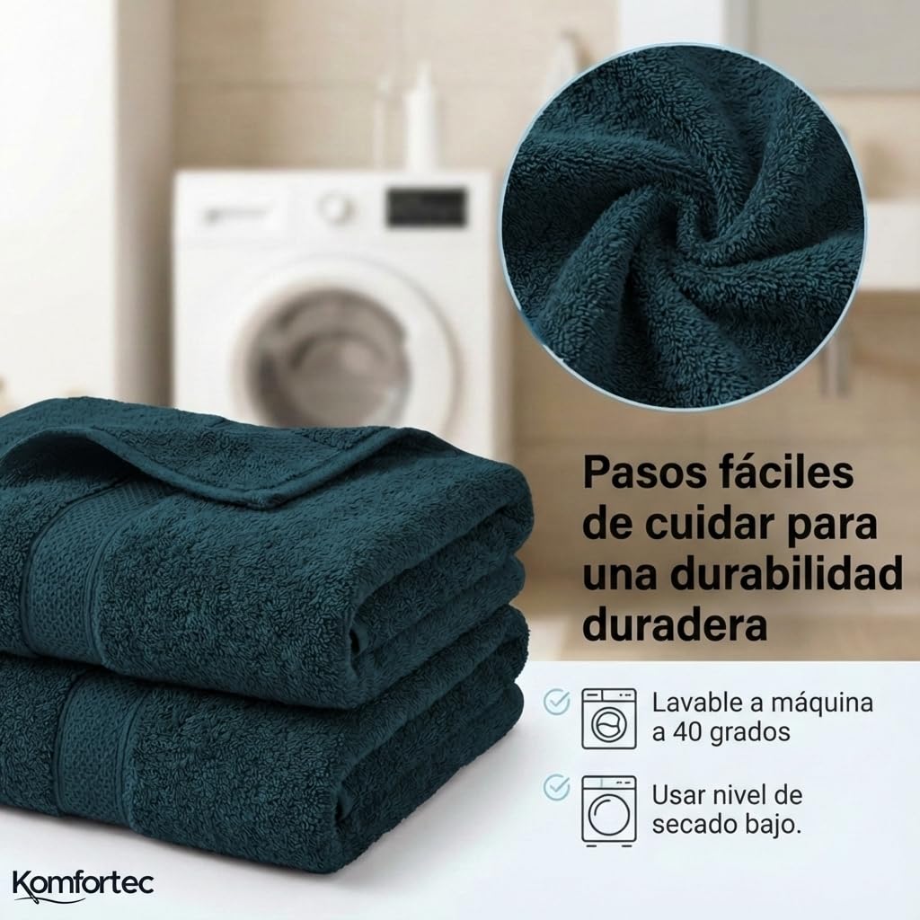 Komfortec Juego de Toallas 8 Piezas | 4 Toallas de Baño 70x140 cm y 4 Toallas 50x100 cm, 100% Algodón, Suaves y Absorbentes, OEKO-TEX, Azul Petróleo / Turquesa