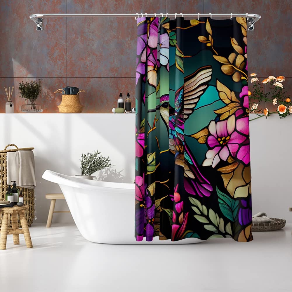 Moutina Hummingbird Floral Shower Curtain - 72x72 Inch, Waterproof Polyester, Spring Summer Bathroom Decor - View #3