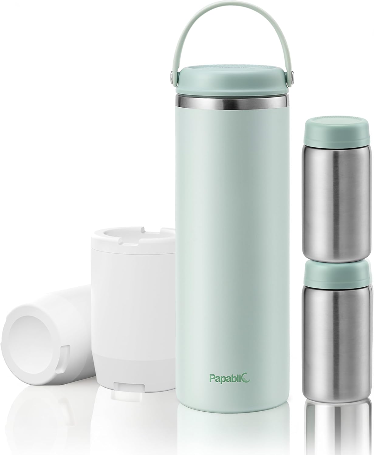 Papablic Innovative 360° CapsuleChill Breastmilk Cooler for 36H Safe Storage, 20oz Stress-Free Portable Breast Milk Chiller with 2pcs Stainless Steel Baby Bottles for Work & Travel, Mint Green