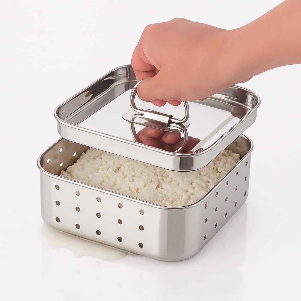 Stainless Steel Paneer and Tofu Maker, 450ml, Square Press Mould with Strainer, for Fresh Homemade Cheese and Sprouts