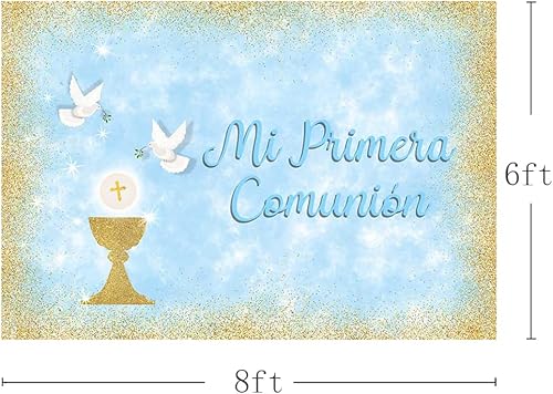 Miniatura 2 de MEHOFOND Telón de fondo de bautismo para niña de 7 x 5 pies Mi Primera Comunion Bautizo Banner de Bautizo Oro Glitter Chalice Palomas Fotografía