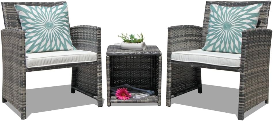 OC Orange-Casual 3-Piece Outdoor Wicker Bistro Patio Furniture Set Cushioned Chair Conversation Set & Storage Side Table, Space Saving Design, Balcony Porch Furniture