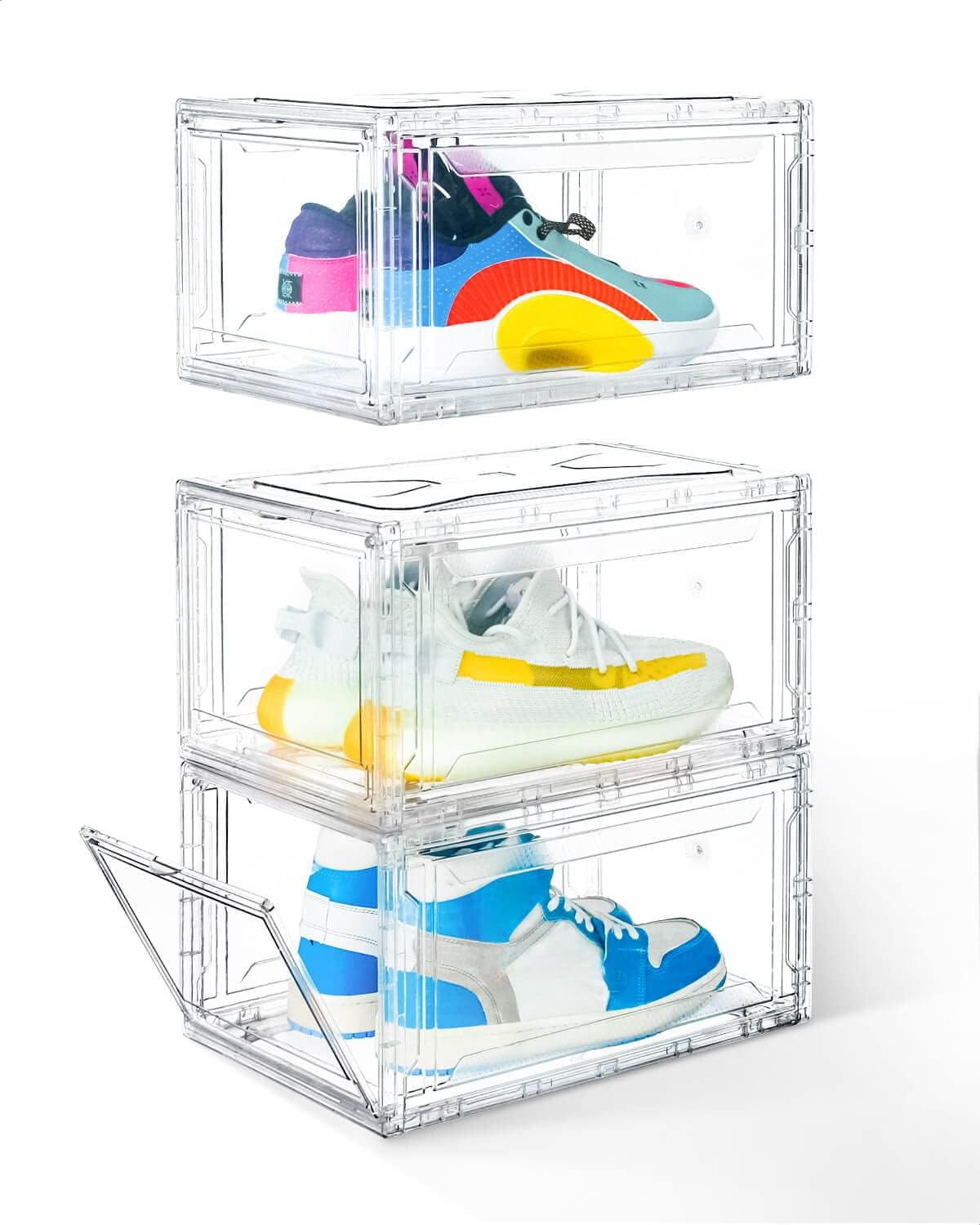 KDOR Shoe Boxes Clear Plastic Stackable 3 Pack Shoe Storage for Sneakerheads, Shoe Display Case Magnetic Door, Strong and Block of UV Protect your