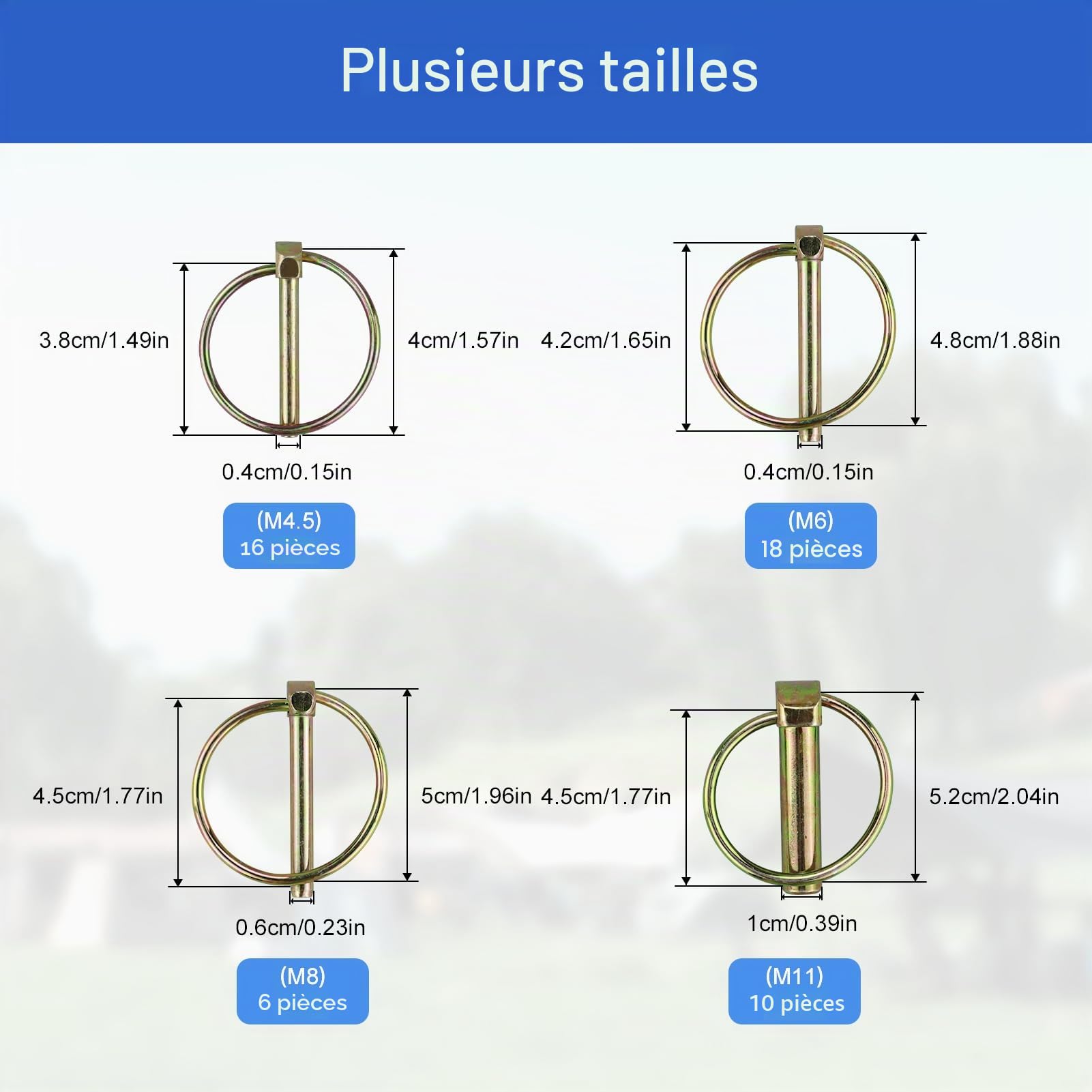 50 pièces Goupille de lynch avec anneau pour remorque de tracteur agricole，Assortiment de goupilles clips rond sécurité 4.5-6-8-11 mm Acier Galvanisé