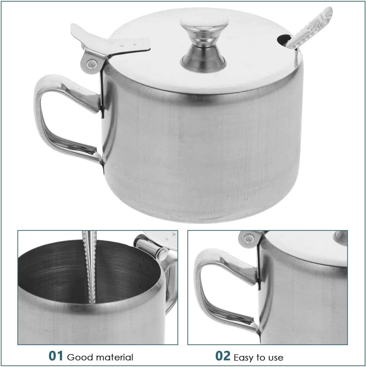 Cabilock Sugar Jar with Lid and Spoon Stainless Steel Condiment Container for Sugar Salt Pepper Seasoning Storage 3.54 X 2.75 X 2.55 in for Home Kitchens and Restaurants