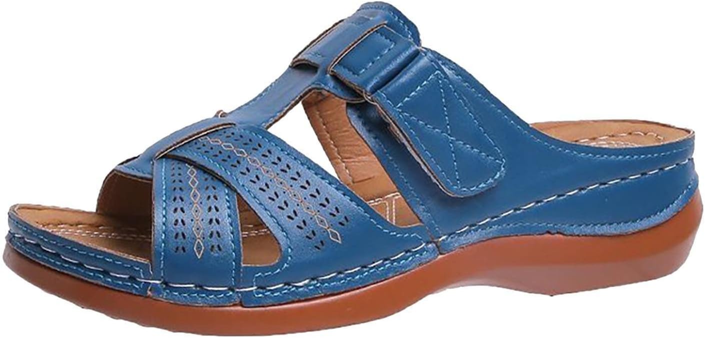 Women's Sandals & Slides Wide Fit, Orthopedic Sandals Women Soft Sole Faux Leather Wedge Sandal Open Toe Slippers Comfy Mules Holiday Beach Shoes Fashion Ladies Summer Shoes Size 3-7.5