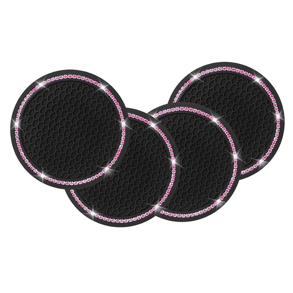 Zodazoqa 4 Pack Car Coasters, Universal Vehicle Bling Car Coaster, Cute Rhinestone Coaster for Cup Holders,Interior Accessories 2.75'' Silicone Anti Slip Car Coasters for Women (Black Pink/2 Pack)