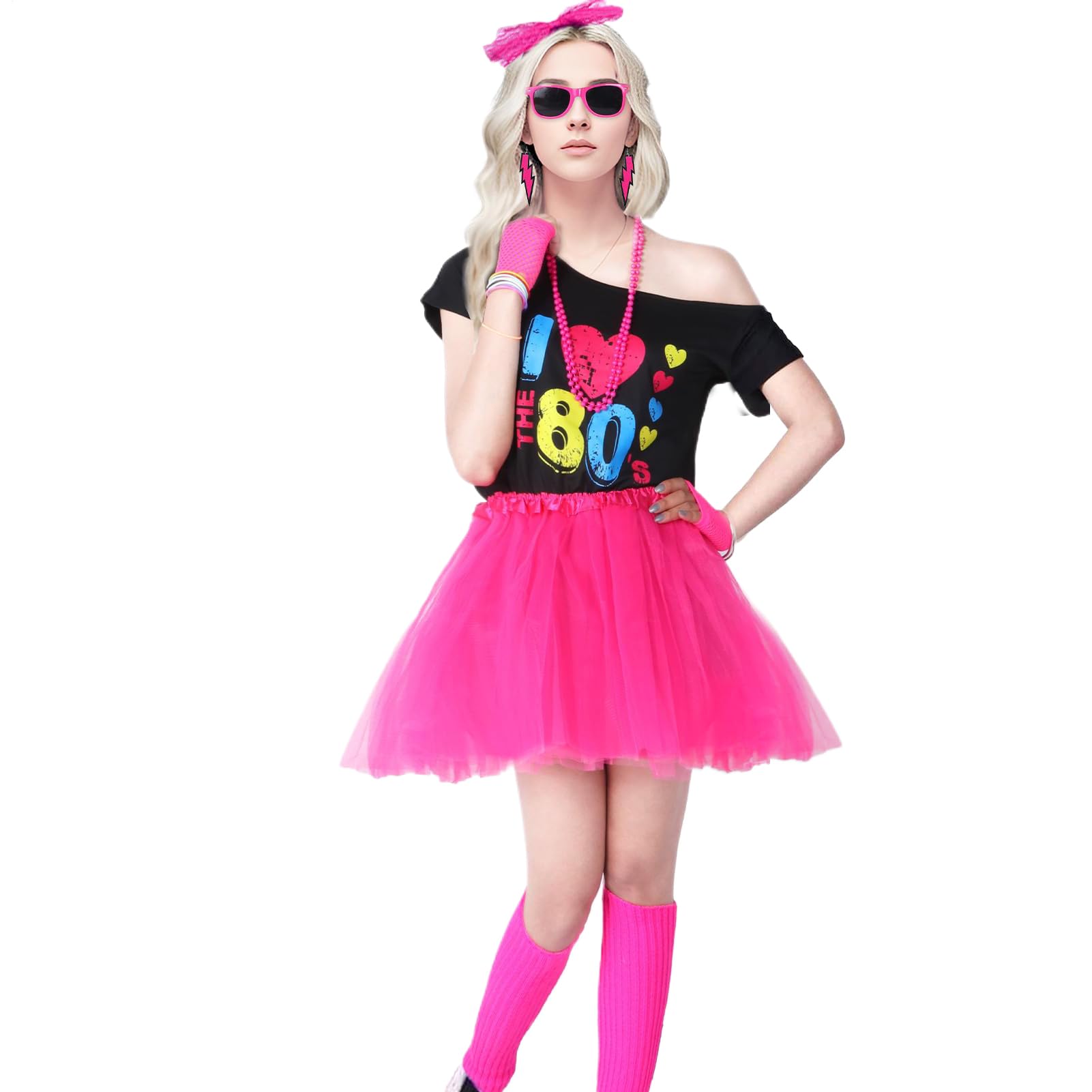 Strój dla kobiet z lat 80., rękawiczki, legginsy, spódniczka tutu, zestaw akcesoriów kostiumowych, top z odkrytymi ramionami, cosplay lata 80., ubrania dla kobiet