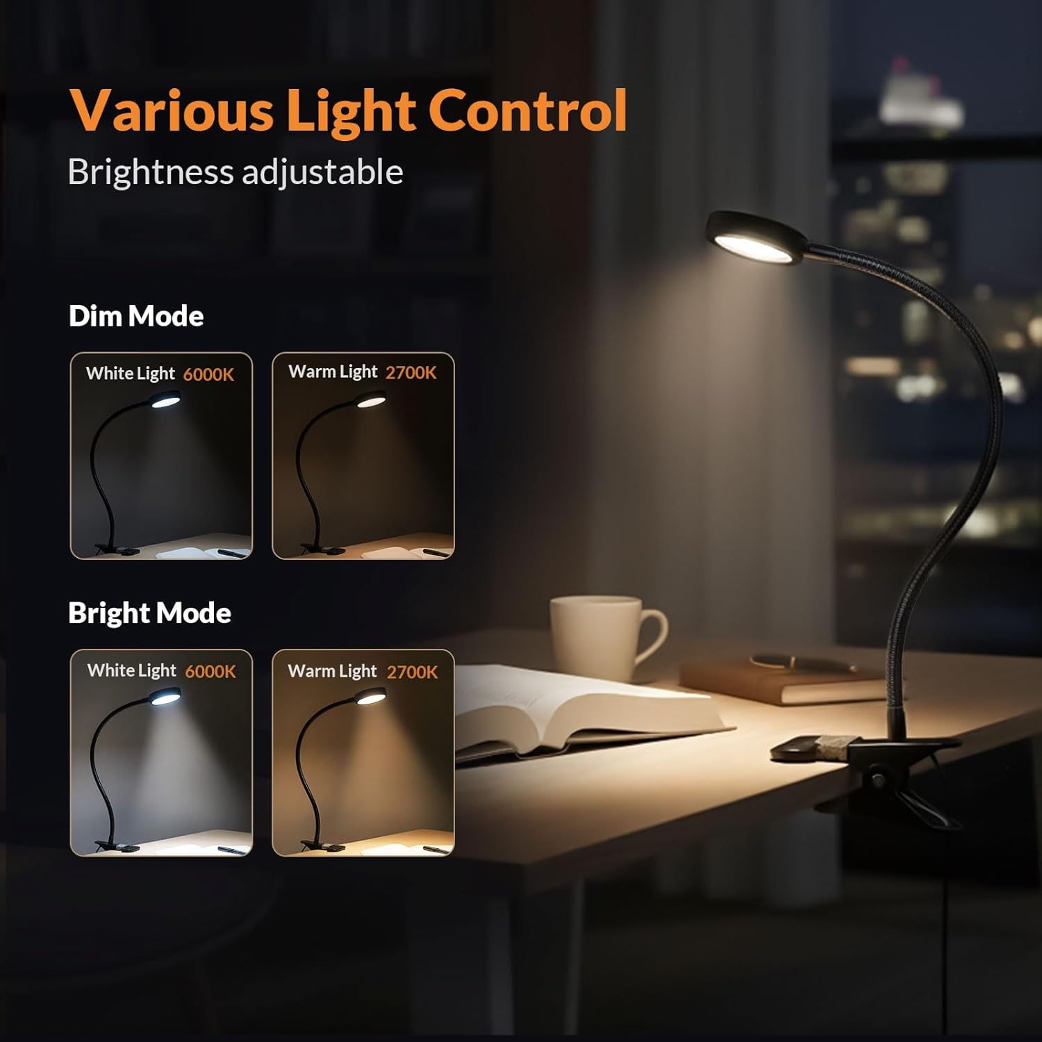 LEPOWER Clip on Light/Reading Lights/Book Light/Desk Lamp Color Changeable/Night Lights Clip on for Desk, Bed Headboard and Computers, Adapter Included (Black) - Image 2