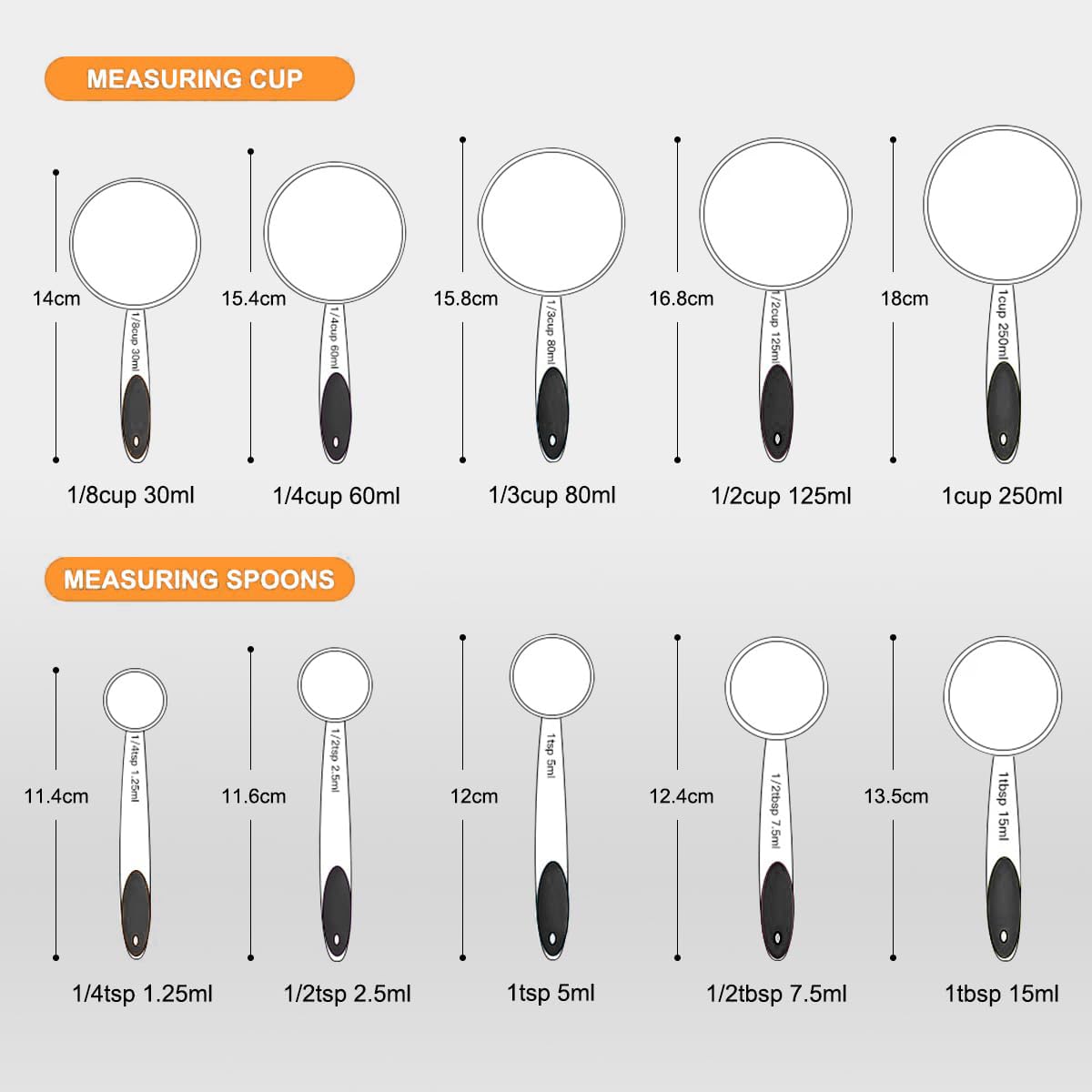 Juego de tazas y cucharas medidoras, juego de 10 tazas y cucharas medidoras de acero inoxidable, cucharas medidoras con mango de silicona para cocina, cocina, hornear (negro)