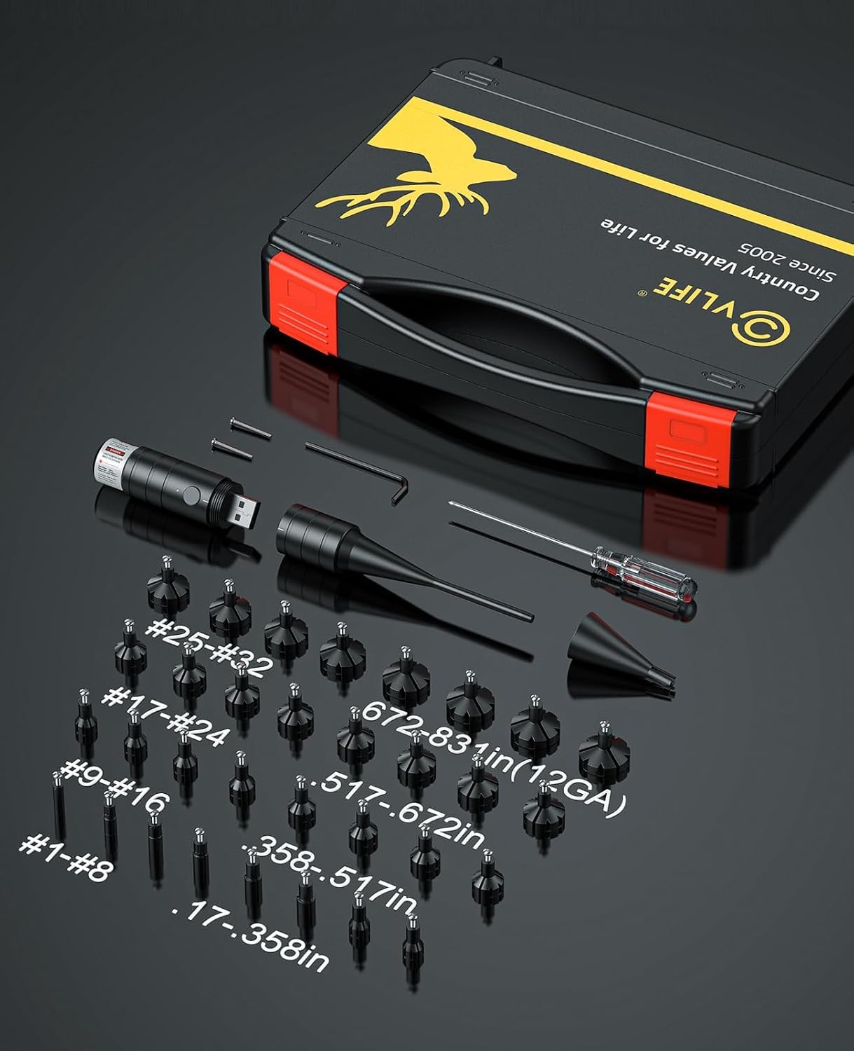 CVLIFE Rechargeable Green/Red Bore Sight Laser with 32 Adapters Laser Bore Sight Fit 0.17 to 12GA Calibers Bore Sight Multi-Caliber Laser Boresighter Kit