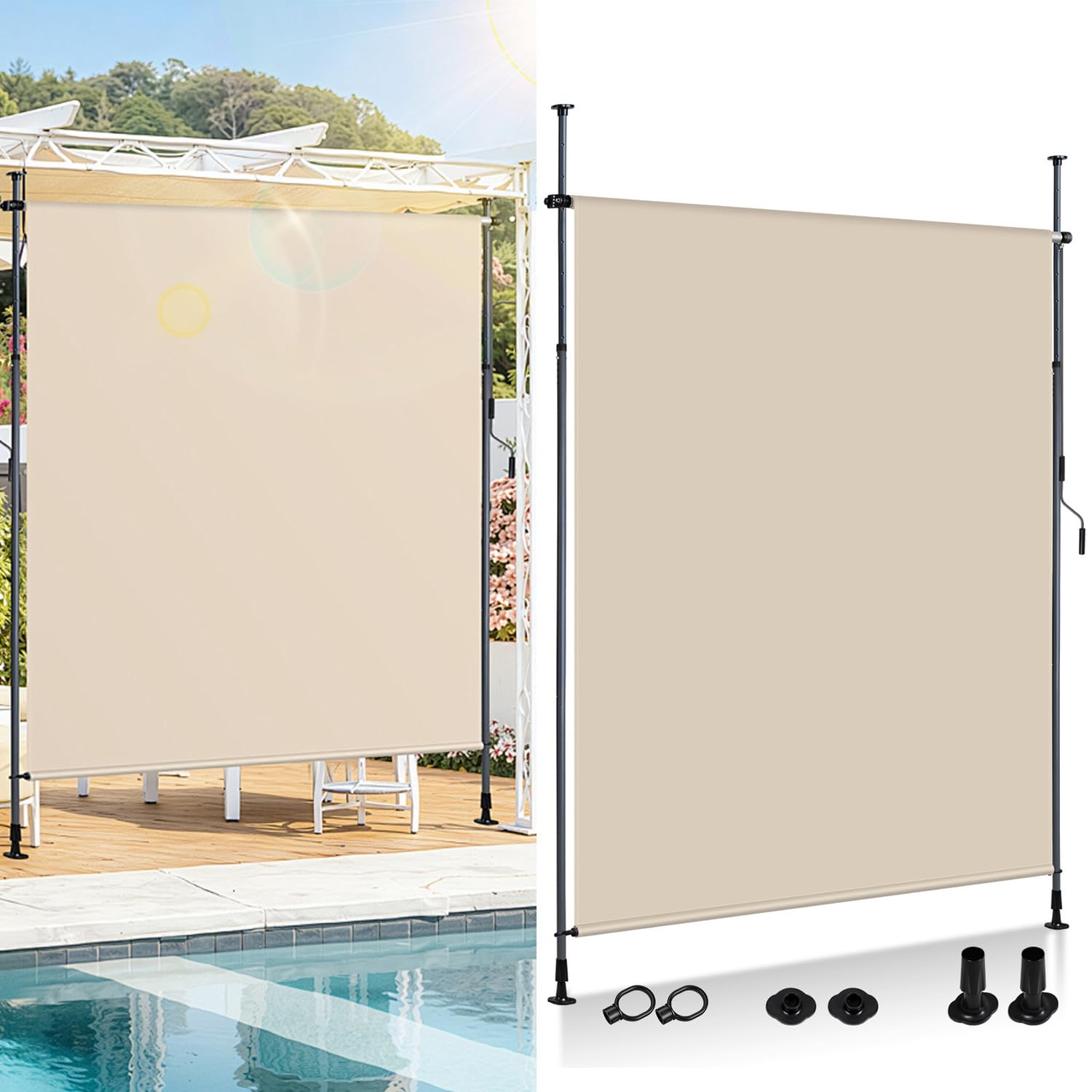Tenda da sole verticale per esterni 200x270 cm allungabile con morsetto e manovella beige