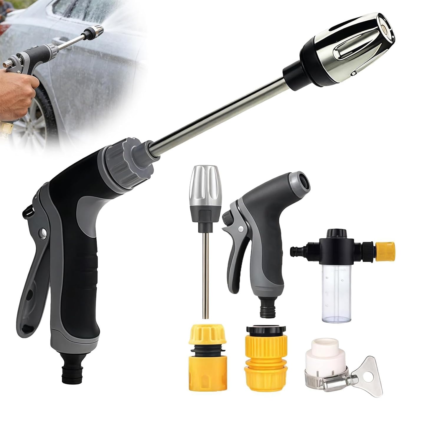 Pistolet Haute Pression pour Tuyau de Jardin, Nettoyeur Haute Pression réglable, avec longue canne & accessoires, multiples effets de pulvérisation, idéal pour voiture, jardin & terrasse