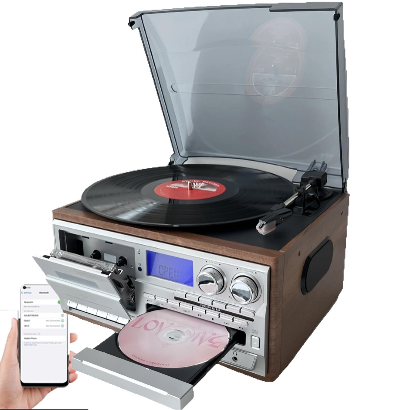 Tocadiscos 9 en 1 con radio AM/FM, USB, SD/MMC, CD, casete, tocadiscos de 3 velocidades para reproducción de vinilo, CD y casete