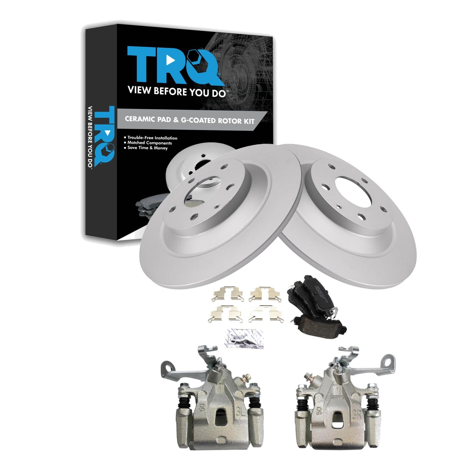 TRQ Rear Brake Pad and Rotor Set Ceramic G Coated Rotors Calipers