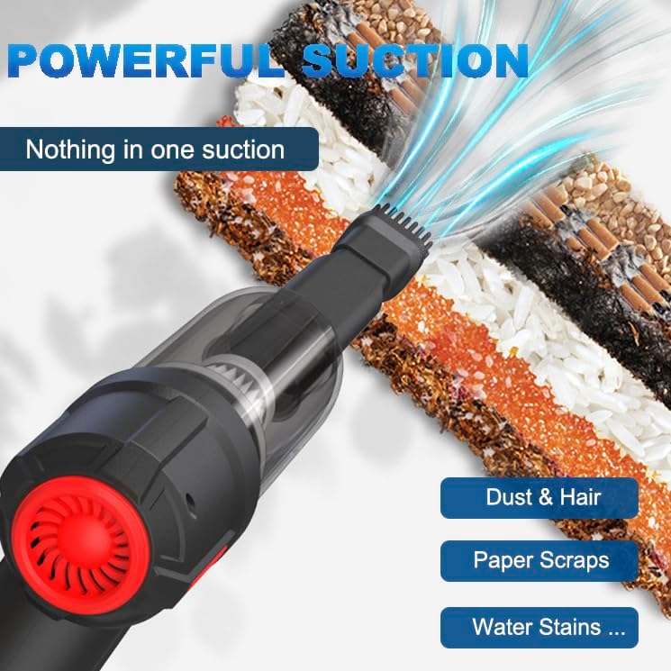 Close-up of the mini vacuum in action, showing it sucking up dust and debris