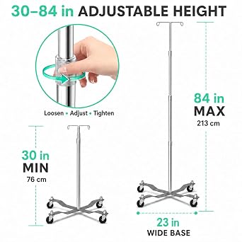 IV Pole with Wheels, Adjustable 30-84 Inch Heavy-Duty Steel IV Stand, Dual Bag Hooks, 23-Inch Weighted Base, Locking Casters for Home Infusion and Clinics