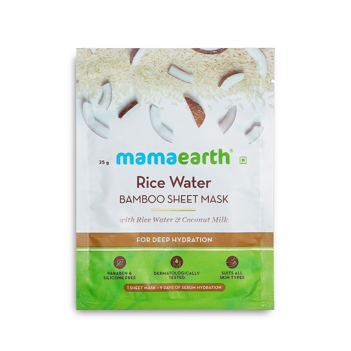 MAMAEARTHRice Water Bamboo Sheet Mask with Rice Water and Coconut Milk for Deep Hydration 25 g