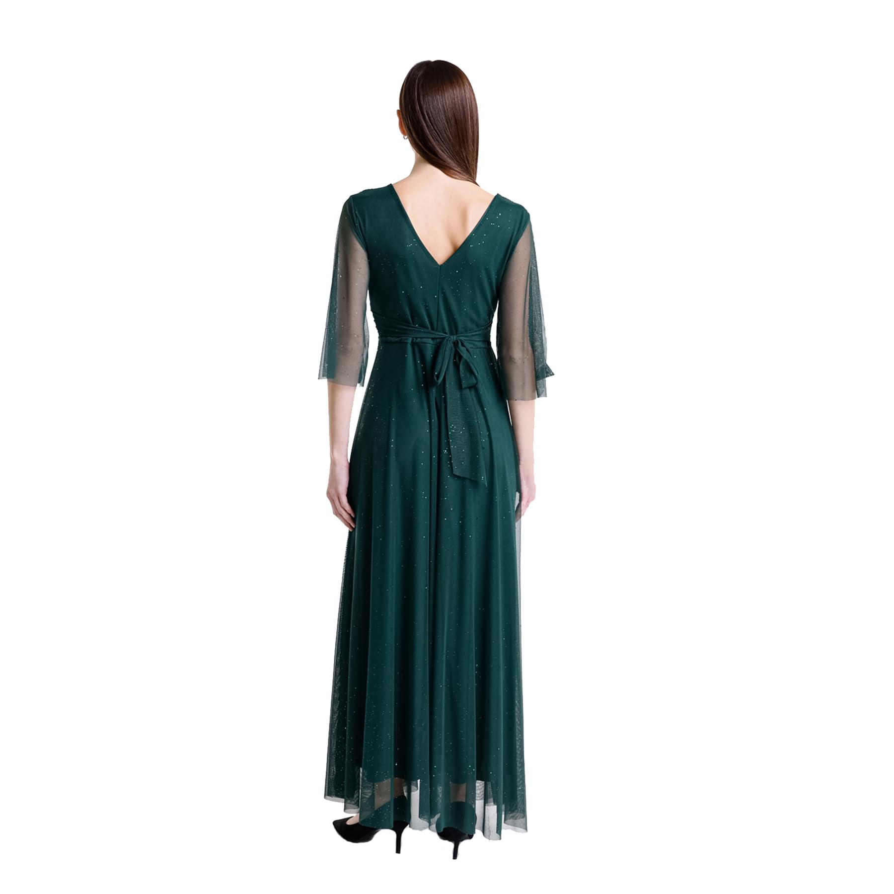 Vestido largo elegante para mujer, de ceremonia, mangas 3/4 y cuello en V, talla única ajustable, ideal para bodas, eventos y fiestas. Fabricado en Italia