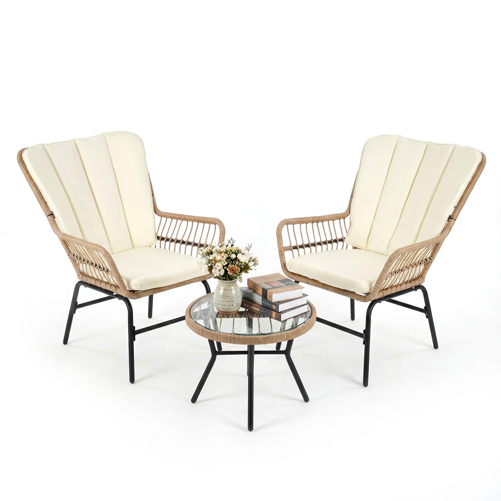 COSTWAY 3 Pieces Patio Rattan Bistro Set, Outdoor PE Wicker Conversation Set with Cushions and Tempered Glass Coffee Table, Outside Chairs Furniture Set for Porch, Balcony, Deck and Garden
