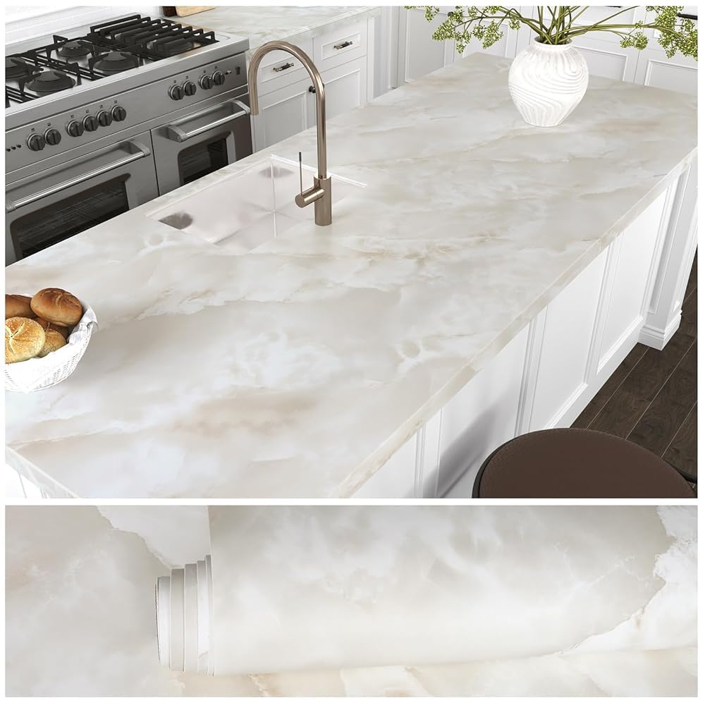 VEELIKE Beige Gold Marble Wallpaper 81cm x 300cm Matte Peel and Stick Wallpaper Beige Marble Vinyl Wrap for Furniture Waterproof Thick Contact Paper Self Adhesive for Wall Bathroom Kitchen Worktop