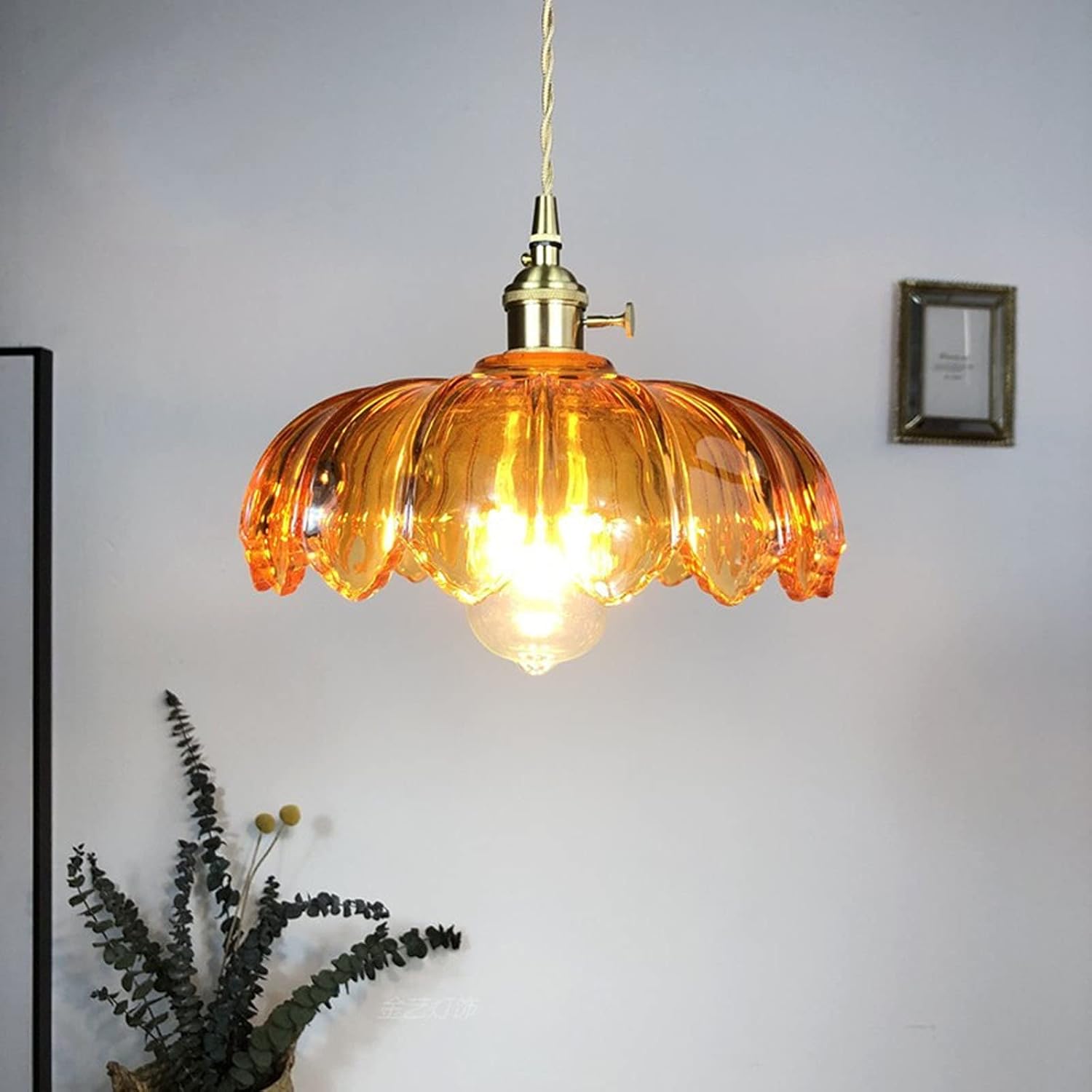 Industrial Vintage Pendant Lighting Fixture Glass Lotus Lamp Shade Farmhouse Pendant Light Chandelier E27 Brass Finish Ceiling Hanging Lamp (Orange)