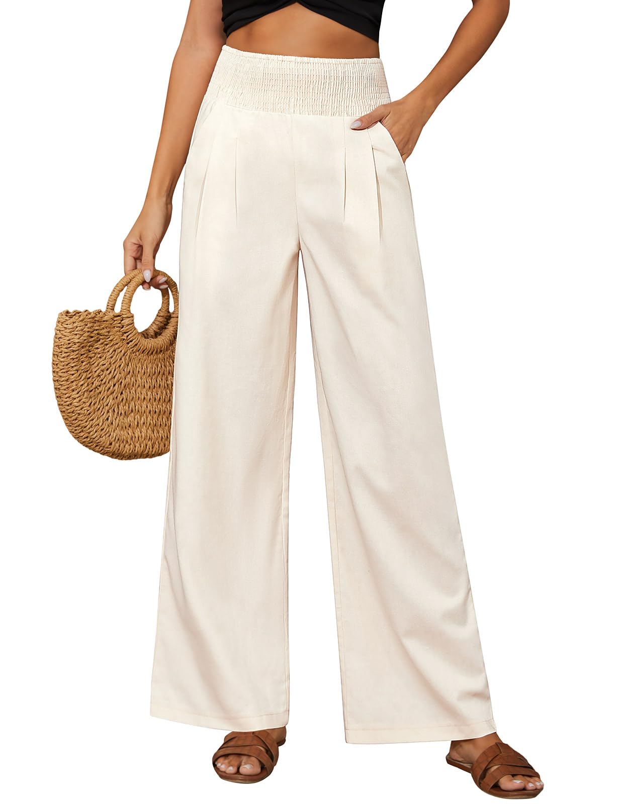 PASUDA Pantalones Mujer Verano Algodón Lino Pantalón Cintura Alta Elástico Casual Pantalones Suelto Cómodos Flojo Playa Pantalones de Anchos Mujer Largos