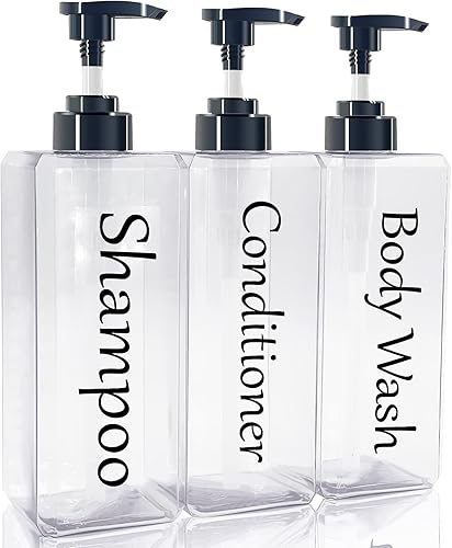 Dispensador de champú y acondicionador (transparente, juego de 3, 27 onzas), botellas de champú y acondicionador recargables, juego de dispensador