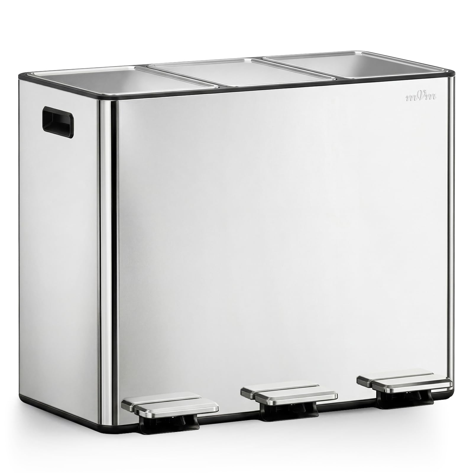 mVm Pattumiera Cucina, Pattumiera Differenziata 3 Scomparti, 3 x 15L, 3 Scomparti per Riciclaggio, in Acciaio Inossidabile, Secchi Interni Rimovibili, per Cucina, Ufficio, Argento