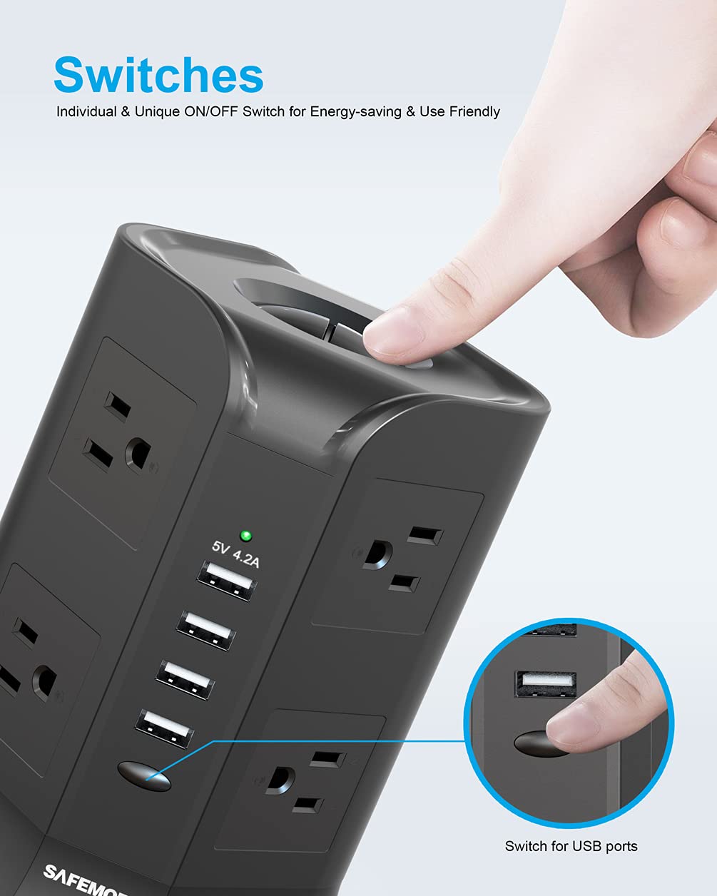 Buy Power Strip Tower SAFEMORE Smart 8Outlet 4USB Surge Protector