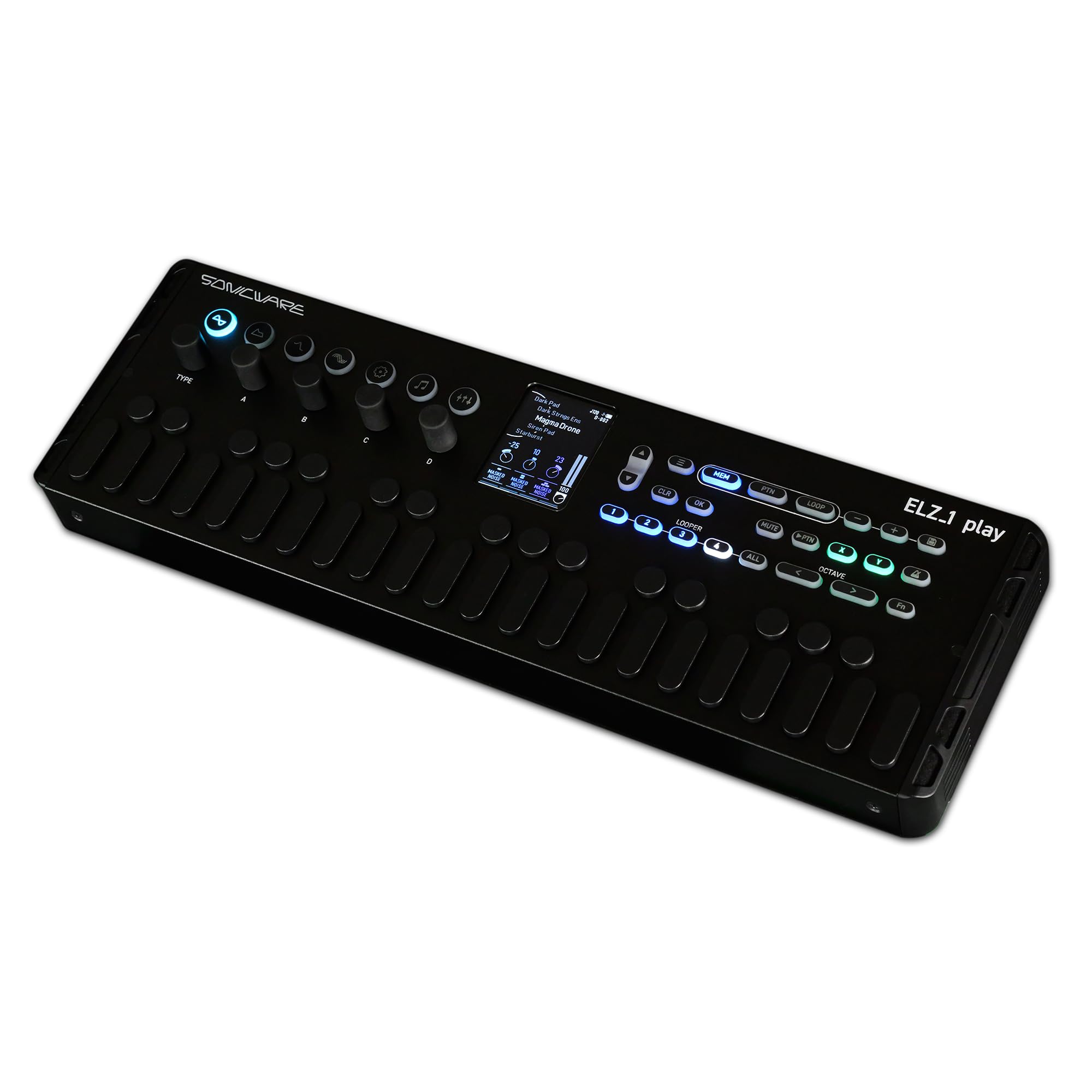 SONICWARE ELZ_1 play V2 „All Black“ Launch Edition – Limitierter Synthesizer mit 18 Sound Engines, Wavetable & Layer-Modus, 4-Track-Looper, Inkl. Hartschalenkoffer, Schwarz