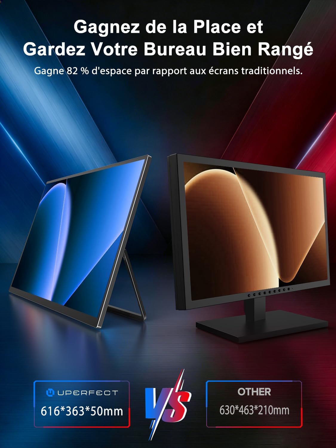 UPERFECT 27" 4K 144Hz | 1080p 288Hz Double Mode Écran Portable avec 600 Nits 2000:1 125% sRGB, Ports HDMI 2.1, DP et USB-C pour Ordinateurs Portables | PC | Consoles de Jeux, Compatible VESA
