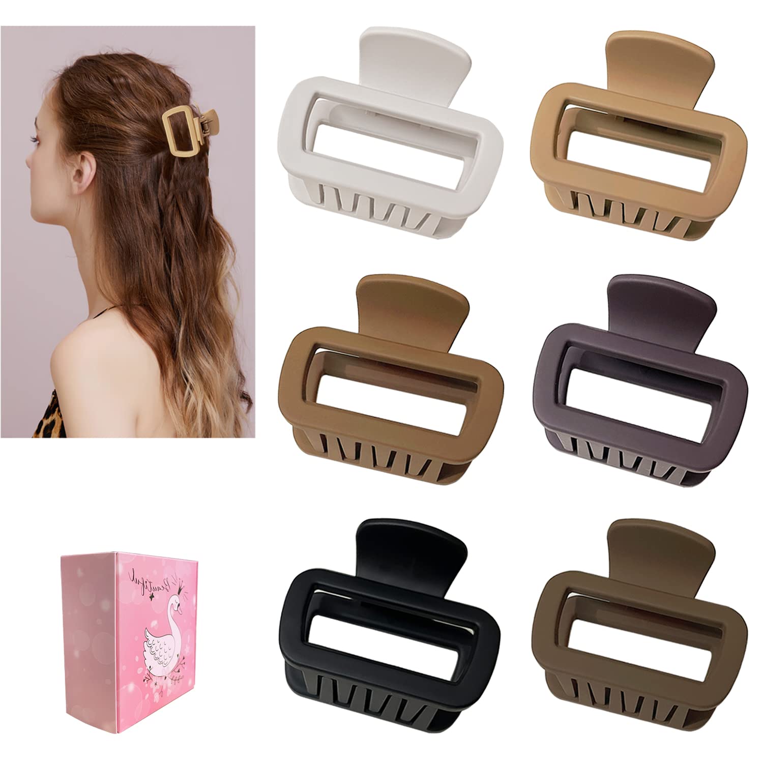 Medium Hair Claw Clips for Women and Girls, 2" Small Hair Clips for Thin Hair, Matte Square Claw Hair Clips Nonslip Hair Jaw Clips (Neutral Colors)