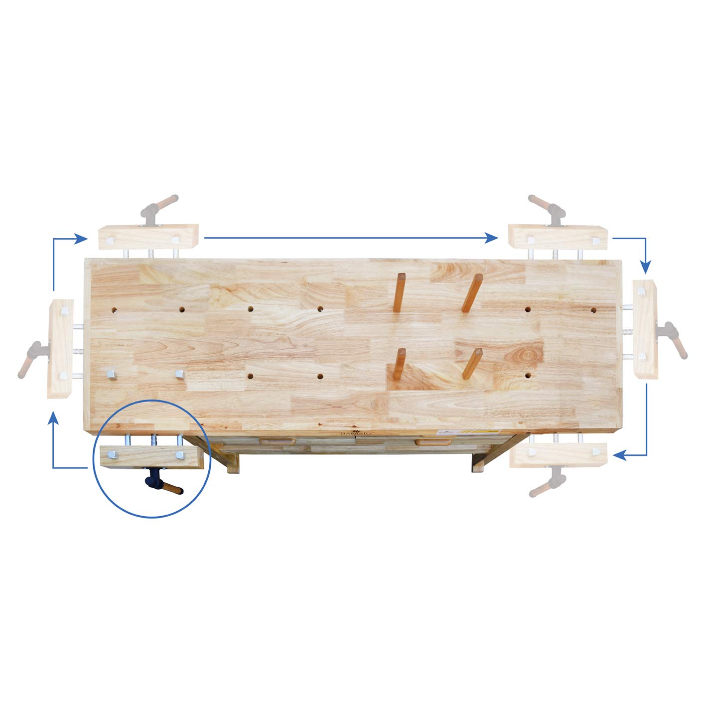 BAMATO Hobelbank WORK-1640 Werkbank Massivholz Holzhobelbank mit Schubladen | Massivholz Hobelbank mit 1520x500mm Arbeitsplatte | Inkl. 4 große Schubladen, 8 Bankhaken & 6-fach verstellbarer Spannzange
