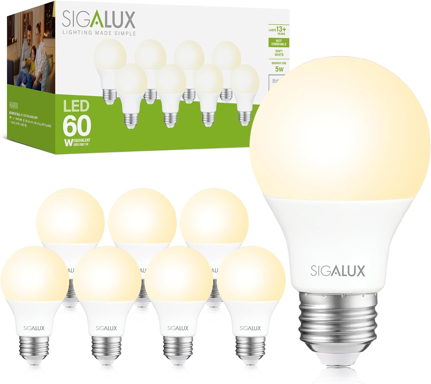 Sigalux EnergyPro, High-Efficiency LED Light Bulbs 60W Equivalent A19 2700K Warm Bulbs, Non-Dimmable Efficient 5W Soft White LED Bulb E26 Medium Base,750 Lumens,ETL Listed,8 Packs