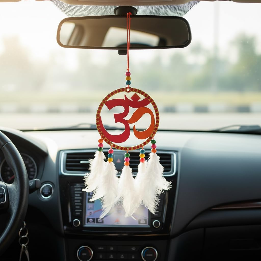4 Inch Hand Painted Wooden Om Dream Catcher for Car | Om Rear View Mirror Hanging | Vastu Positive Energy Car Accessory | Spiritual Decor | Gift Item (Om Color)-image-35