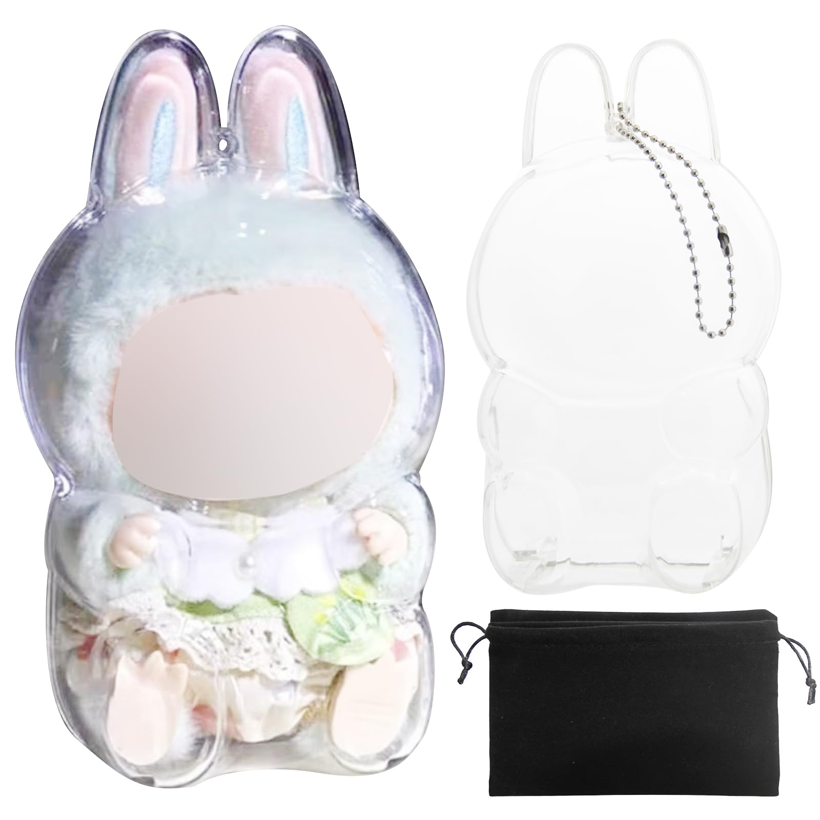 GrillGauge Protective Case for LABUBU, Case Cover for 17cm Doll, Plastic Clear Cover for Have a Seat Plush Toy with Key Chain and Flannel Bag, Plastic