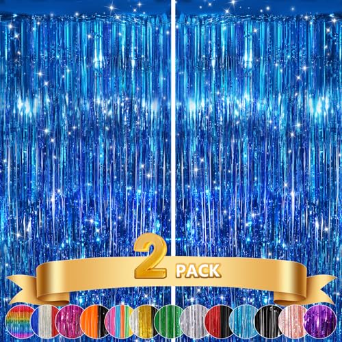 Image of 2Pack Blue Tinsel Backdrop Streamers, GCB Party Streamers Backdrop Foil Fringe Curtains for Wedding Birthdays Bachelorette Bridal Baby Shower, Graduation, Engagement Decors, Gender Reveal, Disco Party