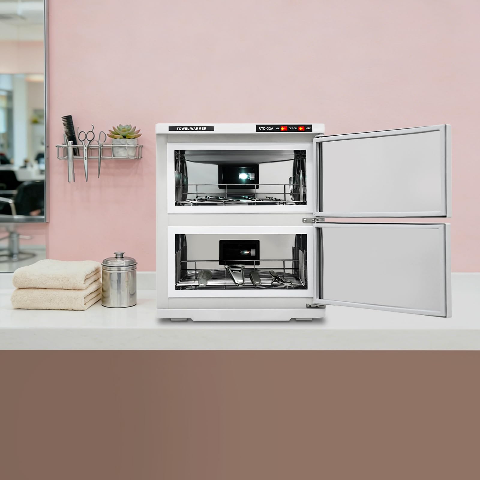 Calentador de toallas de 36 L, 2 puertas, con esterilización UV | Toallero desinfectante de gran capacidad, toallero con bandeja recogedora y asas, calentador de toallas para hotel