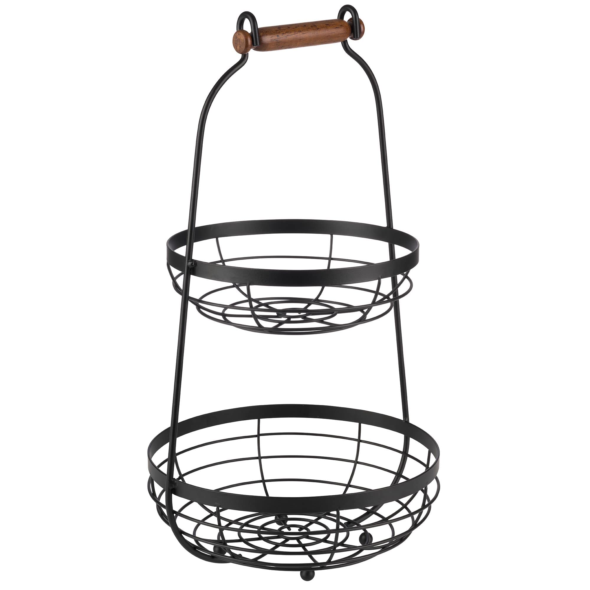 APS Telaio da portata con due cesti e manico in legno, 2 livelli in metallo, nero, altezza 48 cm, diametro 26 cm