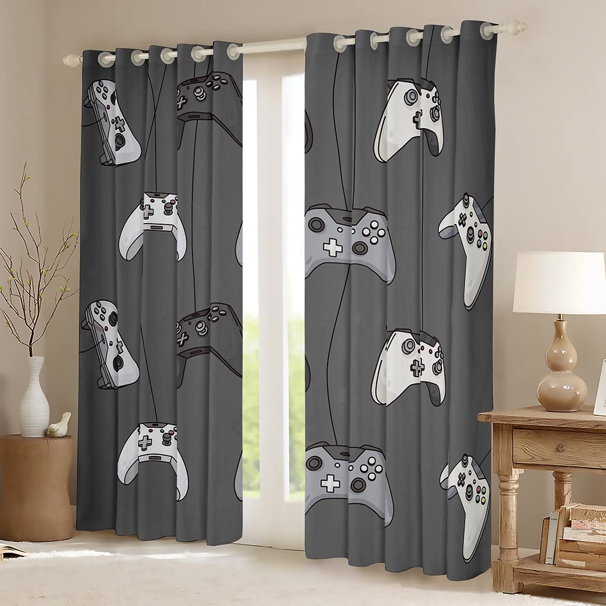 Loussiesd Gamer Curtains Gaming Window Drapes for Kids Boys Girls Black Grey White Game Controller Blackout Curtain Video Game Pad Window Treatments W52*L63 - Image 2