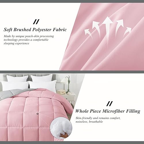 Miniatura 3 de ELNIDO QUEEN Relleno de edredón de tamaño matrimonial, edredón alternativo acolchado para todas las estaciones, color rosa y gris claro, ligero,
