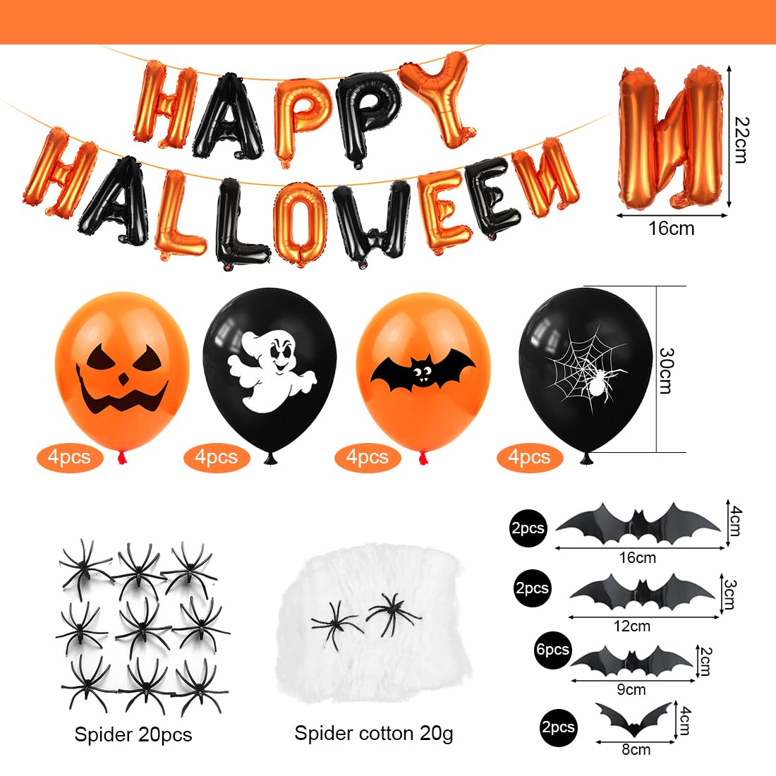 60 Ballons Halloween Latex - Motifs Fantôme, Araignée, Citrouille - Orange, Noir, Blanc - Décoration Fête - 7