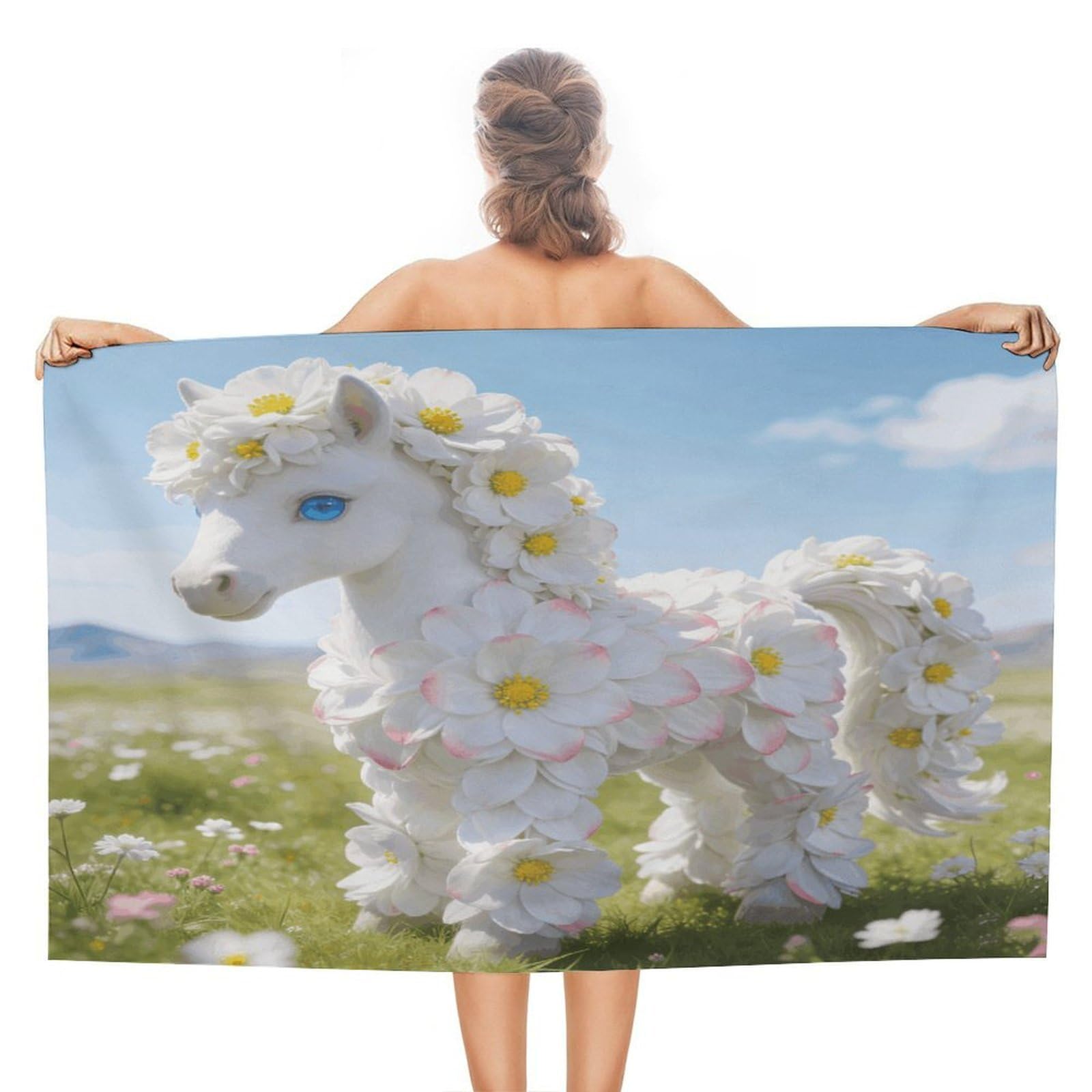 VstaDank White Flower Pony Bath Towel Stylish Double-Faced Pile Travel Towel Soft Absorbent Beach Towel for Pool Swim Sports Camping Adults Gift 51X31 Inch