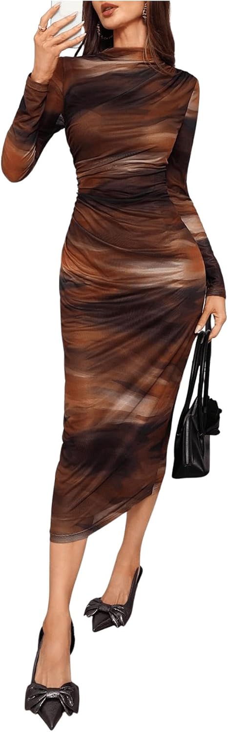 GORGLITTER Women's Mesh Mock Neck Bodycon Midi Dress Tie Dye Long Sleeve Ruched Birthday Pencil Long Dresses Outfits