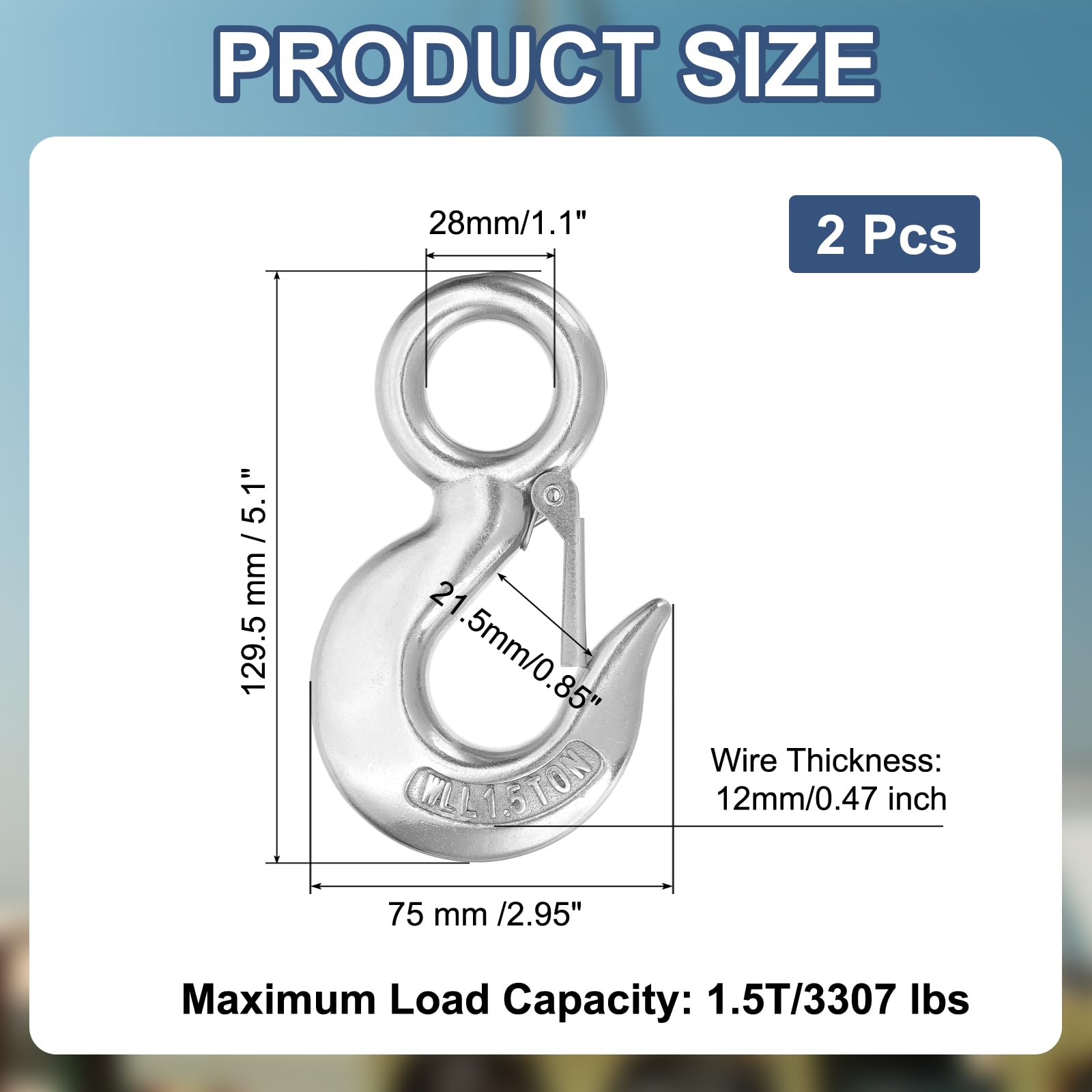 QUARKZMAN Ganci Scorrevoli, 5-3/32" 2Pcs 304 Acciaio Inossidabile Ganci Per Catena, Capacità 3307 Lbs Ganci Di Sollevamento Ad Occhiello Rotondo Ganci Di Sicurezza A Scatto Per Camion Gru