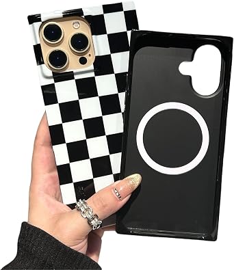 Checkered Magnetic Phone Case for iPhone 16 Pro Max, Black White